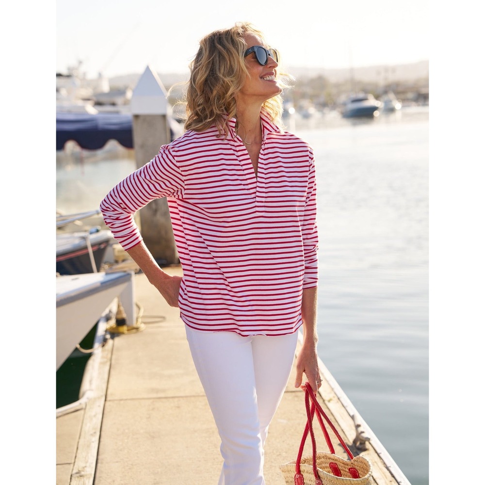 Frank & Eileen Patrick Popover Henley Red French Stripe Long Sleeve Top L